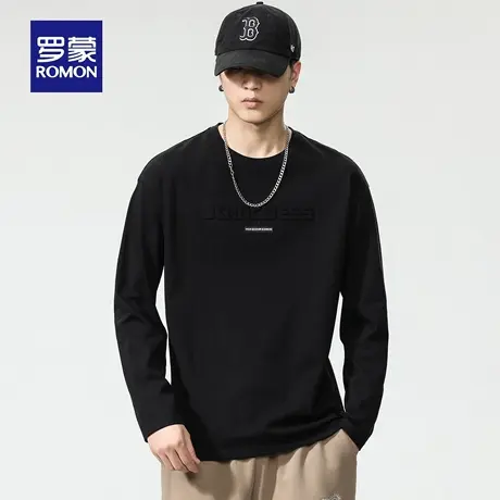 罗蒙简约印花男款T恤秋季时尚宽松圆领上衣休闲百搭长袖打底衫N1Z图片