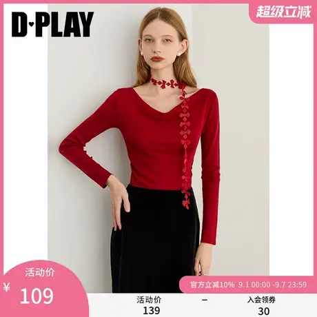 DPLAY2025年秋季新款红色针织衫女洋气时尚飘带设计修身长袖上衣商品大图