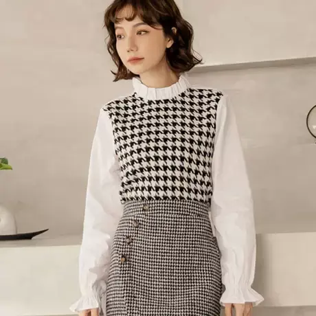 桔熊秋冬季复古气质千鸟格纹针织拼接半高领上衣女大码AB17965图片
