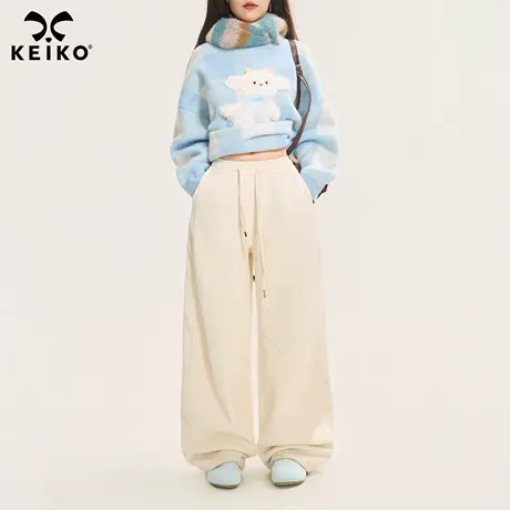 KEIKO 雪尼尔分割直筒休闲裤25秋季抽绳高腰垂感宽松灯芯绒阔腿裤商品大图
