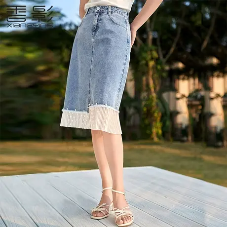 香影a字牛仔半身裙女夏季2023新款网纱拼接复古显瘦中长高腰裙子图片