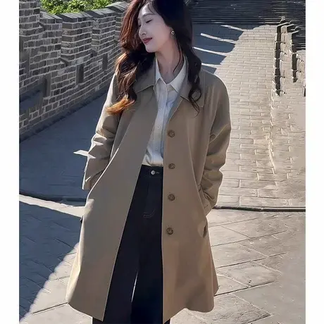韩版时尚休闲风衣外套女中长款春秋季新款宽松显瘦百搭卡其色大衣商品大图