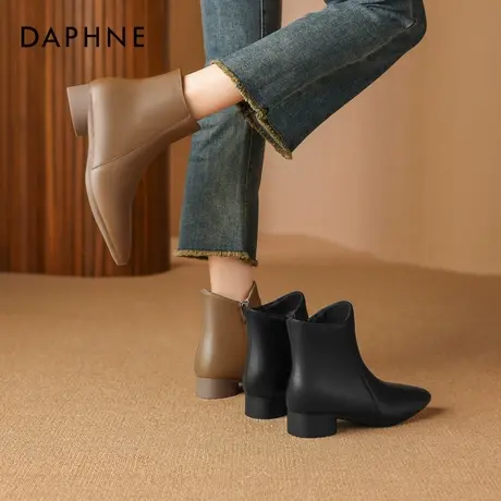 达芙妮短靴女冬季2026新款尖头女士靴子加绒粗跟法式妈妈鞋皮鞋子图片
