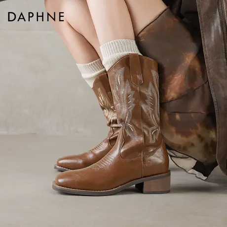 达芙妮西部牛仔靴女2026冬季新复古刺绣骑士靴粗跟加绒中筒靴短靴图片