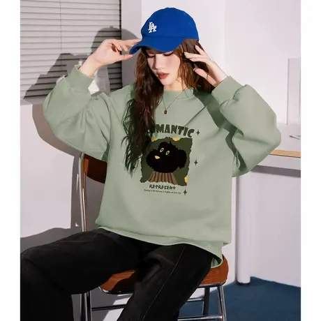 唐狮春秋新款圆领卫衣女针织蝴蝶结字母落肩卫衣休闲百搭外套TD商品大图