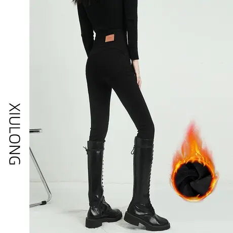 黑色高腰小脚加绒牛仔裤女秋冬季2023年新款显瘦弹力紧身铅笔裤子商品大图