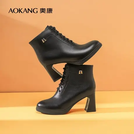 【门店发货】奥康女鞋 冬季新款时尚时装靴短靴粗跟增高舒适气质商品大图
