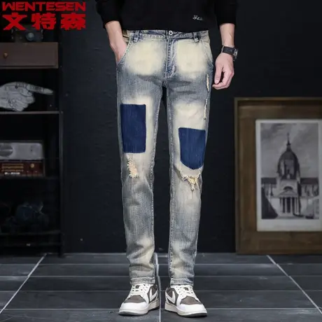 秋季男士破洞牛仔裤直筒修身破烂弹力牛仔长裤韩版潮流时尚裤男商品大图