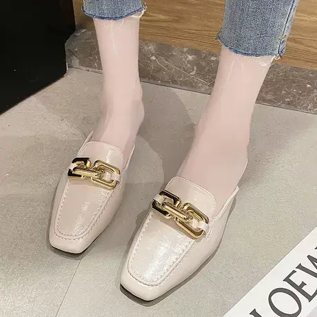 包头半拖鞋女外穿时尚百搭2023春季新款英伦风气质平底懒人穆勒鞋商品大图