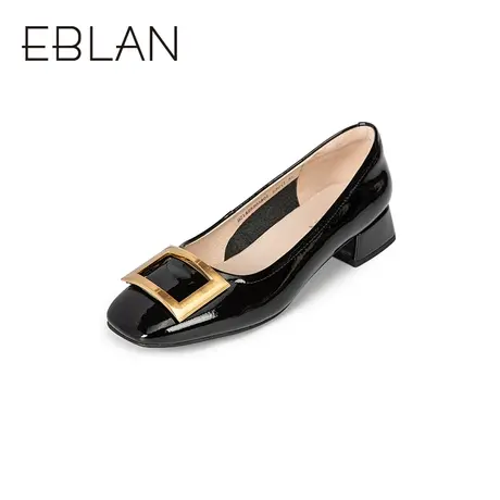 伊伴春季女鞋漆皮粗跟方头粗跟休闲皮鞋金属方扣浅口单鞋高跟鞋女图片