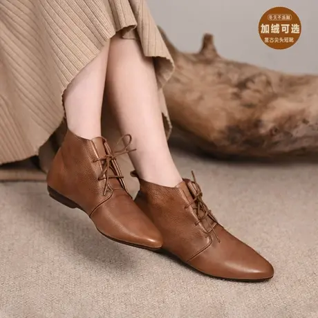 Artmu阿木原创复古尖头短靴女2023新款平底靴子系带踝靴加绒棉鞋图片