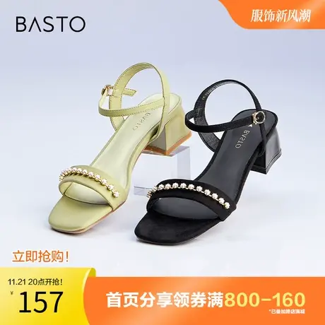 百思图奥莱2023夏季新款仙女风珍珠饰一字带粗跟女凉鞋A1214BL3图片