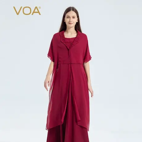 VOA真丝乔其酒红翻领塔克褶装饰拼接式开叉设计轻盈宽松风衣图片
