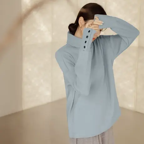 桔熊秋冬设计感纯色高领单排扣收口长袖保暖针织衫女大码AB11452商品大图