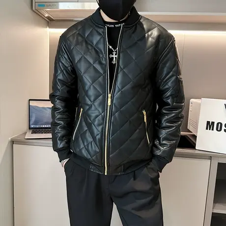 冬季新款皮棉服外套男防寒加厚棒球领机车服棉衣个性韩版菱格棉袄图片