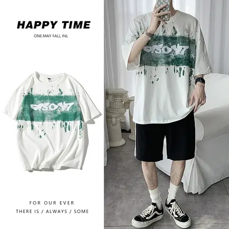 2024夏季新款ins潮牌个性印花T恤韩版休闲大码运动男士半袖体恤衫商品大图