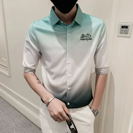 短袖衬衫男士夏季情侣渐变中袖冰感上衣服潮流韩版七分袖休闲衬衣商品大图