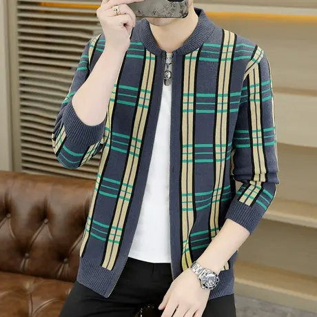 男士拼色针织夹克秋冬季韩版格子拉链开衫毛衣学生潮牌棒球服外套商品大图