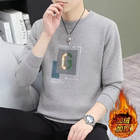 加绒加厚毛衣男冬季天鹅绒针织衫男圆领打底衫青少年保暖内搭线衣商品大图