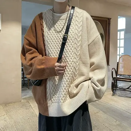 圆领毛衣男秋冬季套头宽松慵懒风麻花休闲线衣潮牌宽松拼接针织衫商品大图