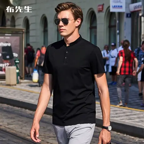 MrBu布先生时尚小V立领丝光棉短袖男T恤纯色夏季男装AT10882商品大图