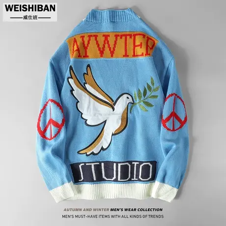 美式潮牌慵懒风中性穿搭针织开衫小香风情侣刺绣宽松V领BF毛线衣商品大图