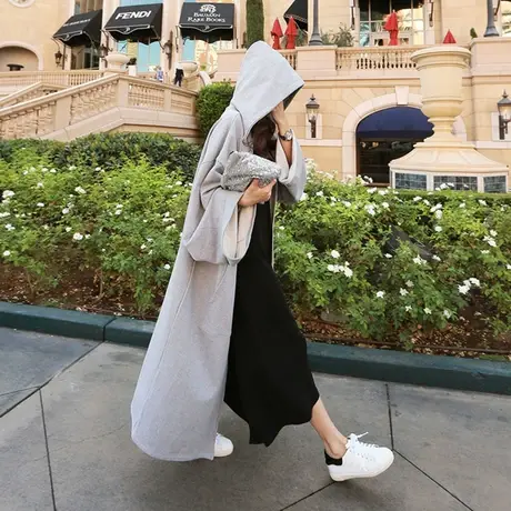 纯诗曼2018年春秋卫衣新款宽松休闲大码过膝长款连帽韩版外套女潮图片