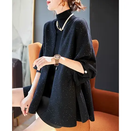 宝诗黎蝙蝠长袖亮片收腰V领短外套2024春季新款宽松休闲针织开衫商品大图