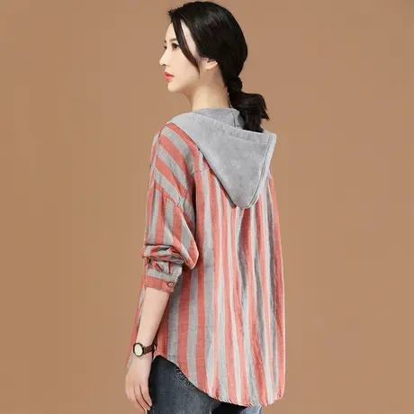 韩潮袭人连帽长袖中长款条纹衬衫外套女2023秋季新款复古撞色开衫图片