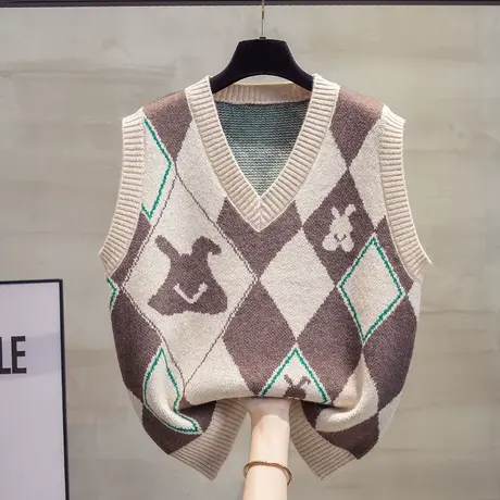 v领菱格针织马甲背心女2023秋装新款宽松外穿马夹叠穿毛衣坎肩潮图片