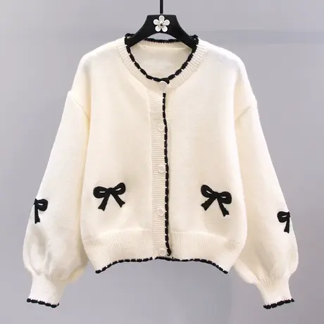 小香风刺绣蝴蝶结毛衣外套女秋冬2023新款日系温柔设计感针织开衫商品大图