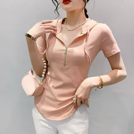 网红连帽T恤女短袖洋气收腰百搭小衫夏季设计感不规则拉链上衣ins图片