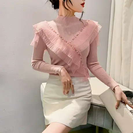 气质减龄半高领T恤女长袖性感镂空针织衫洋气百搭套头冰丝毛衣ins商品大图