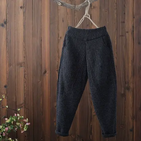 复古纯色拼接加绒哈伦裤女秋冬新品文艺范宽松加厚休闲萝卜裤垮裤图片