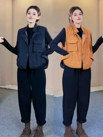 秋冬新品韩版潮流街头纯色拼接宽松个性夹棉立体口袋马甲外套女潮商品大图