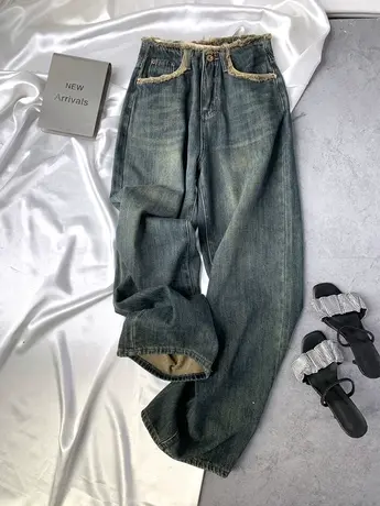 复古磨白腰头毛边牛仔阔腿裤2023秋季新款显瘦百搭薄绒宽松老爹裤商品大图