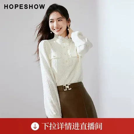 【直播专享】泡泡袖网纱蕾丝立领套头上衣90123380301红袖图片