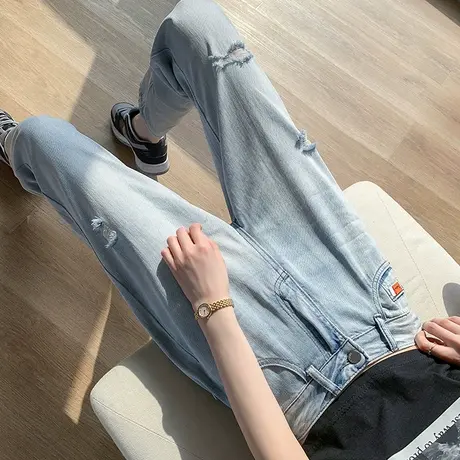 破洞牛仔裤女春秋新款高腰浅色宽松九分休闲哈伦裤直筒乞丐老爹裤图片