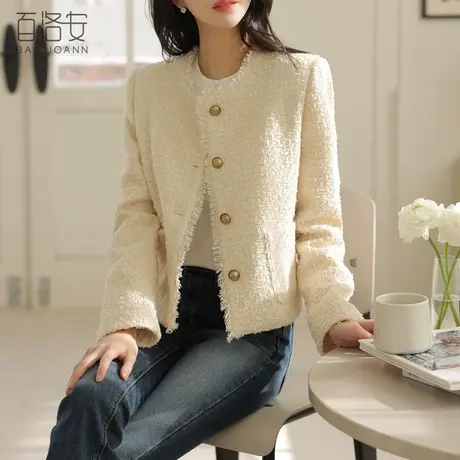 百洛安粗花呢编织外套女2024春装新款气质名媛圆领长袖小香风上衣图片