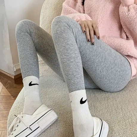 2023新款春秋打底裤女外穿灰色条纹弹力紧身裤大码加绒保暖秋裤冬图片