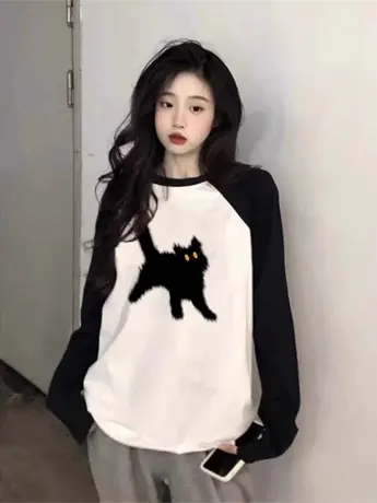 插肩袖磨毛纯棉长袖t恤女2023春秋新款设计感小众内搭打底衫上衣图片