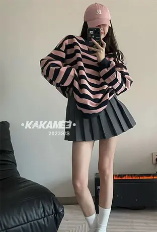 2023春季新款韩版宽松百搭显瘦减龄条纹圆领套头卫衣女春秋薄款潮商品大图