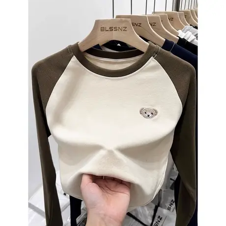 小熊刺绣插肩长袖T恤女秋冬修身显瘦百搭内搭打底衫加绒上衣体恤商品大图