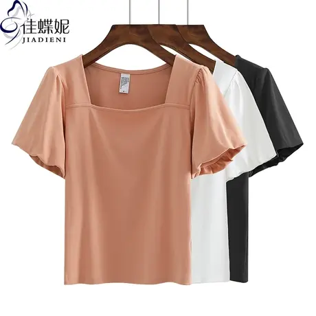 夏季新款韩版方领泡泡袖修身纯棉纯色短袖体恤上衣内搭女打底衫商品大图