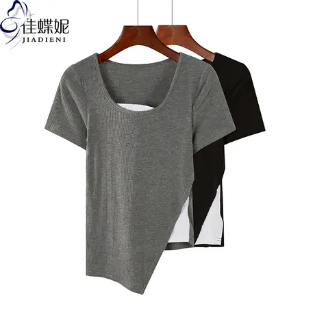 夏季新款圆领修身纯棉拼接假两件纯棉纯色短款短袖体恤上衣女打底商品大图