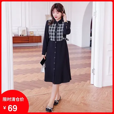 【清仓】季新款拼接撞色格子显瘦气质桔梗学院风胖MM中长款连衣裙图片