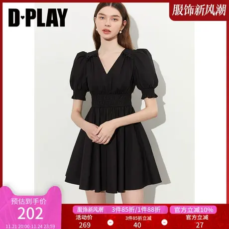 DPLAY夏新法式经典黑V领气质收腰泡泡袖小个子连衣裙小黑裙图片