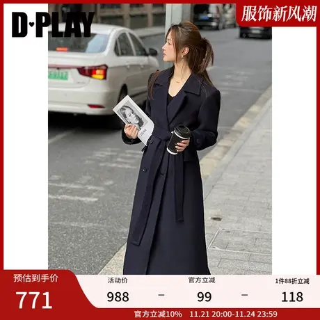 DPLAY2023冬新气质通勤戗驳领长款藏青羊毛呢大衣外套女商品大图