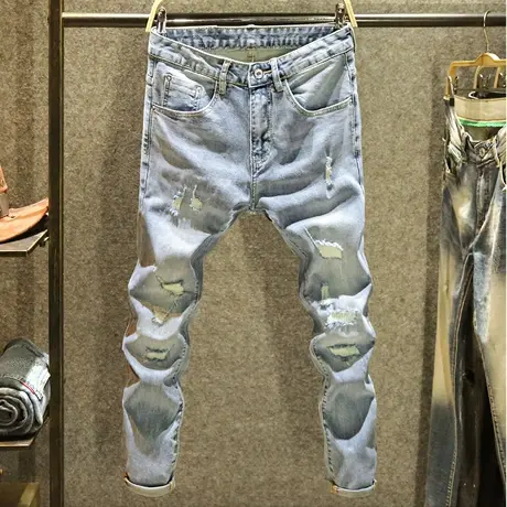 九分破洞牛仔裤男款夏季帅气百搭潮牌修身裤子2024新款刮烂9分裤商品大图