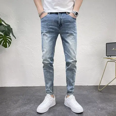 2023秋冬新款时尚简约磨白修身小脚裤男潮百搭牛仔长裤蓝色铅笔裤商品大图